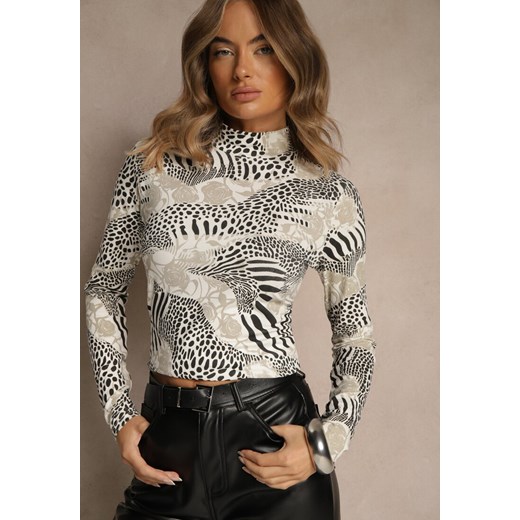 Jasnoszara Bluzka Longsleeve z Bawełny z Półgolfem i Panterkowym Printem Unalla ze sklepu renee.pl w kategorii Bluzki damskie - zdjęcie 186493998