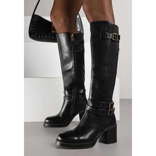 Czarne Kozaki na Słupkowym Obcasie ze Sprzączkami i Elastycznym Panelem Unazza - id: K650-38-BLACK - marki Renee - 186494048 Czarne Kozaki na Słupkowym Obcasie ze Sprzączkami i Elastycznym Panelem Unazza ze sklepu renee.pl w kategorii Kozaki damskie - zdjęcie 186494048