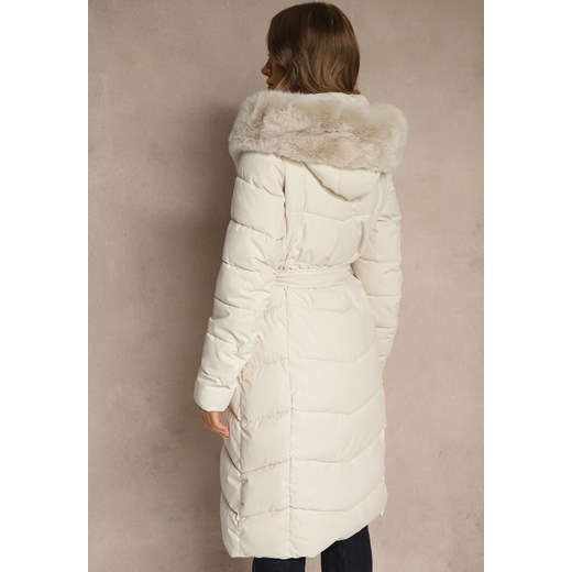Biała Kurtka z Pikowanymi Przeszyciami Futerkiem i Paskiem Serapella Renee S renee.pl