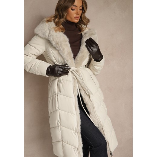 Biała Kurtka z Pikowanymi Przeszyciami Futerkiem i Paskiem Serapella Renee M renee.pl