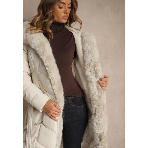 Biała Kurtka z Pikowanymi Przeszyciami Futerkiem i Paskiem Serapella Renee 2XL renee.pl