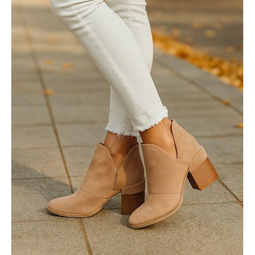 Botki damskie na szerokim słupku Khaki /D1-2 +H2 7050 T198/ ze sklepu Pantofelek24.pl w kategorii Botki - zdjęcie 186500696
