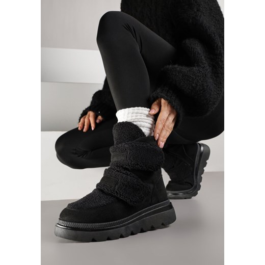 Czarne Botki Śniegowce na Grubej Podeszwie Ozdobione Szerokimi Rzepami Amerria 40 born2be.pl