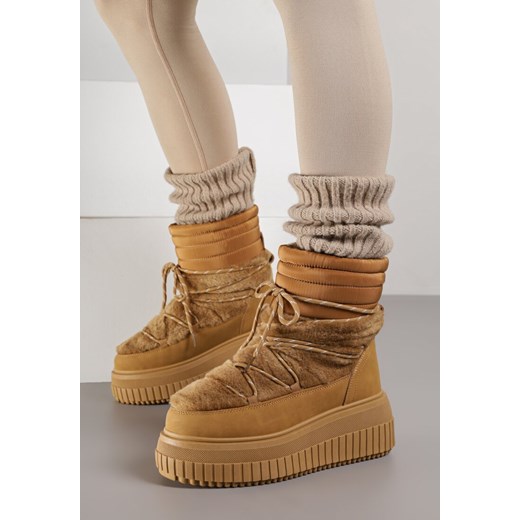 Jasnobrązowe Pikowane Śniegowce na Grubej Tłoczonej Podeszwie z Futerkiem 40 born2be.pl