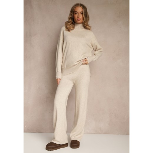 Jasnobeżowy Dzianinowy Komplet z Wełną Spodnie Wide Leg i Sweter z Golfem Lanica ze sklepu renee.pl w kategorii Komplety i garnitury damskie - zdjęcie 186518535