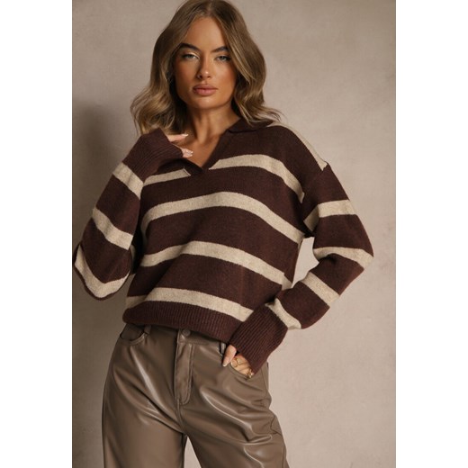 Brązowy Sweter z Wełną Zdobiony Kołnierzykiem i Wzorem w Paski Tevila - id: RM5096-54-BROWN - marki Renee - 186518646 Brązowy Sweter z Wełną Zdobiony Kołnierzykiem i Wzorem w Paski Tevila ze sklepu renee.pl w kategorii Swetry damskie - zdjęcie 186518646