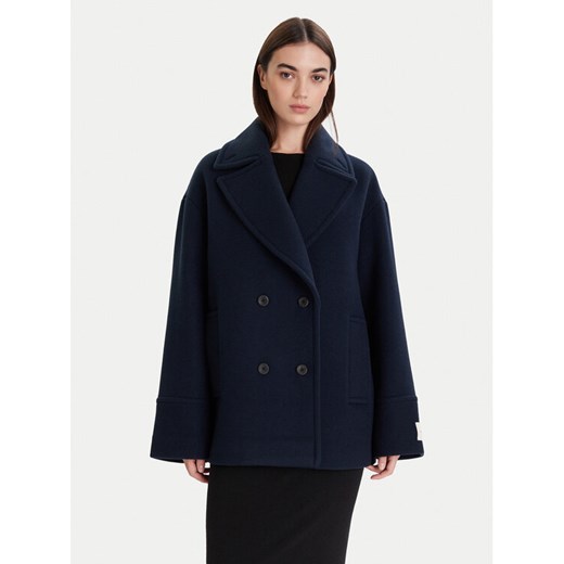 Calvin Klein Płaszcz wełniany LV044D549G Granatowy Relaxed Fit ze sklepu MODIVO w kategorii Płaszcze damskie - zdjęcie 186525509