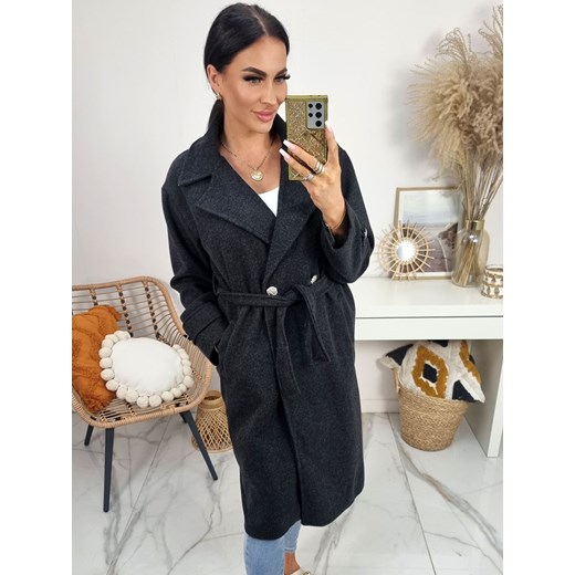 elegancki płaszcz serenita z paskiem i złotymi guzikami – czarny ze sklepu STYLOWO w kategorii Płaszcze damskie - zdjęcie 186534249