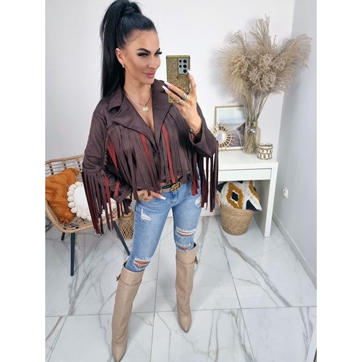 kurtka ramoneska zamszowa mykonos z frędzlami - czekolada ze sklepu STYLOWO w kategorii Kurtki damskie - zdjęcie 186534349