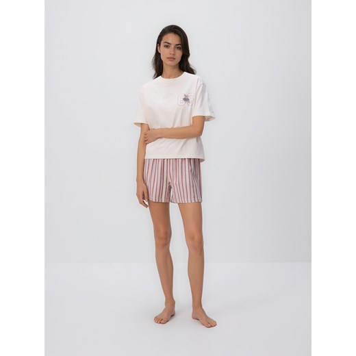 Reserved - Dwuczęściowa piżama z haftem - kremowy Reserved M Reserved