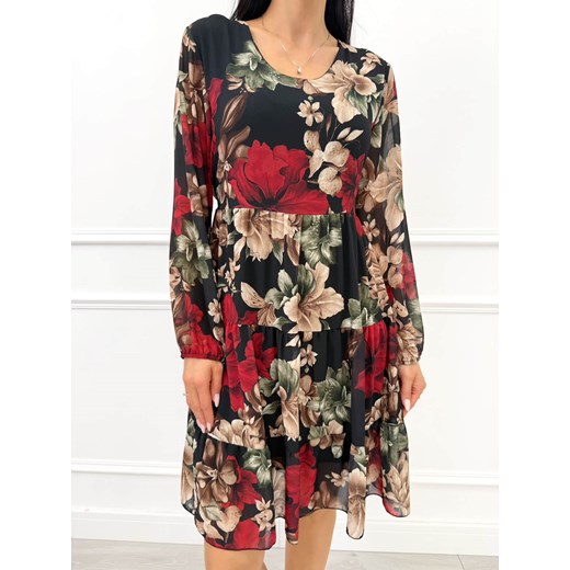 Czarna Sukienka w Kwiaty z Falbankami - id: 23069995 - marki Modnakiecka.pl - 186551416 Czarna Sukienka w Kwiaty z Falbankami ze sklepu ModnaKiecka.pl w kategorii Sukienki - zdjęcie 186551416