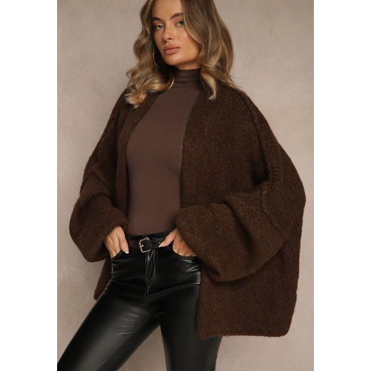 Brązowy Niezapinany Kardigan Nietoperzowy z Dodatkiem Wełny i Wiskozy Rallidia ze sklepu renee.pl w kategorii Swetry damskie - zdjęcie 186552167
