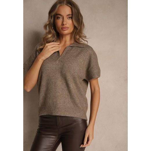 Beżowy Sweter z Wełną z Krótkim Rękawem i Dekoltem V z Kołnierzem Tevirna Renee ONE SIZE renee.pl