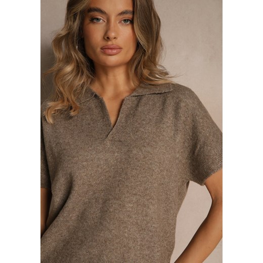 Beżowy Sweter z Wełną z Krótkim Rękawem i Dekoltem V z Kołnierzem Tevirna Renee ONE SIZE renee.pl