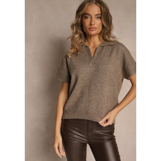 Beżowy Sweter z Wełną z Krótkim Rękawem i Dekoltem V z Kołnierzem Tevirna Renee ONE SIZE renee.pl