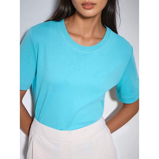 Mohito - Niebieski t-shirt z merceryzowanej bawełny - turkusowy ze sklepu Mohito w kategorii Bluzki damskie - zdjęcie 186554639