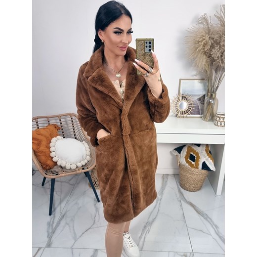 długi ciepły płaszcz futerko laponia z imitacji futra - ciemny camel ze sklepu STYLOWO w kategorii Futra damskie - zdjęcie 186555625