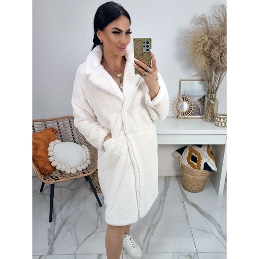 długi ciepły płaszcz futerko laponia z imitacji futra - śmietanka ecru ze sklepu STYLOWO w kategorii Futra damskie - zdjęcie 186555635