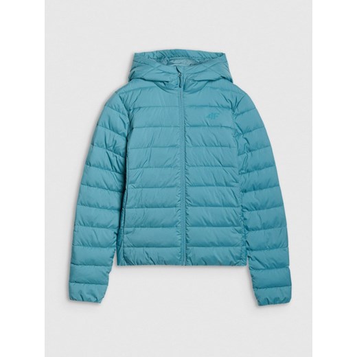 Damska kurtka puchowa pikowana 4F 4FWSS25TDJAF534 - turkusowa ze sklepu Sportstylestory.com w kategorii Kurtki damskie - zdjęcie 186558106