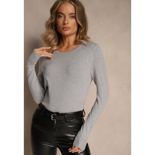 Szary Gładki Sweter w Minimalistycznym Stylu Tevra ze sklepu renee.pl w kategorii Swetry damskie - zdjęcie 186559639