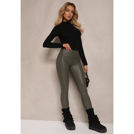 Ciemnozielone Legginsy z Imitacji Skóry High Waist z Polarem Selabra ze sklepu renee.pl w kategorii Spodnie damskie - zdjęcie 186570929