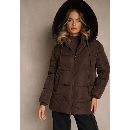 Brązowa Klasyczna Kurtka z Pikowanymi Przeszyciami i Kapturem z Futrem Mundrie ze sklepu renee.pl w kategorii Kurtki damskie - zdjęcie 186570979