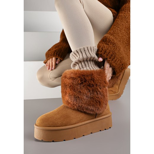 Jasnobrązowe Śniegowce za Kostkę Mocno Ocieplane z Futerkiem na Platformie Reilanna ze sklepu born2be.pl w kategorii Śniegowce damskie - zdjęcie 186575568