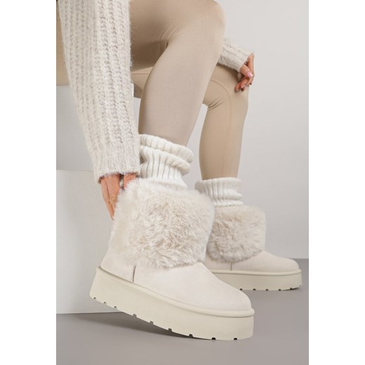 Beżowe Śniegowce za Kostkę Mocno Ocieplane z Futerkiem na Platformie Reilanna ze sklepu born2be.pl w kategorii Śniegowce damskie - zdjęcie 186575575