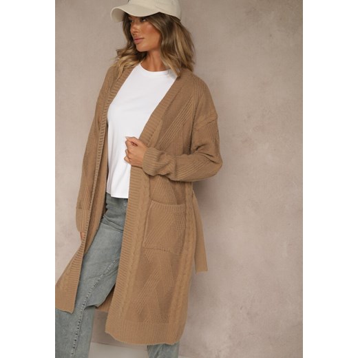 Brązowy Tłoczony Kardigan z Wełną o Kroju Bez Zapięć z Paskiem Dorrive ze sklepu renee.pl w kategorii Swetry damskie - zdjęcie 186577629
