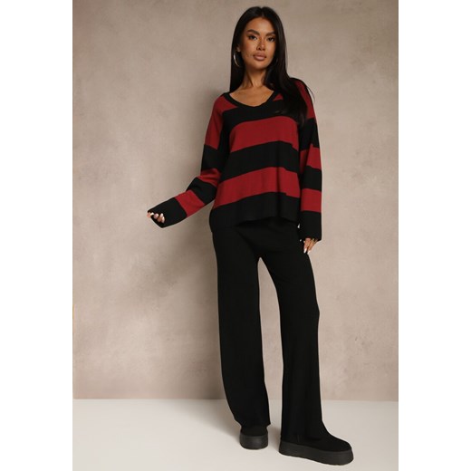 Bordowy Komplet z Dzianiny Spodnie Wide Leg i Sweter w Szerokie Pasy Falorella ze sklepu renee.pl w kategorii Komplety i garnitury damskie - zdjęcie 186577636