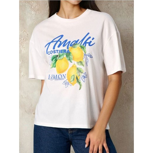 Sinsay - Bawełniana koszulka z nadrukiem - kremowy ze sklepu Sinsay w kategorii Bluzki damskie - zdjęcie 186578507