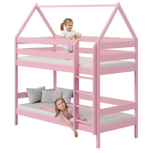 Różowe dziecięce łóżko piętrowe domek z 2 materacami K7-T27 ze sklepu Edinos.pl w kategorii Łóżka dziecięce - zdjęcie 186578677