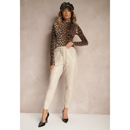 Beżowe Spodnie High Waist z Ekoskóry w Gumką w Talii Esaleira ze sklepu renee.pl w kategorii Spodnie damskie - zdjęcie 186578766