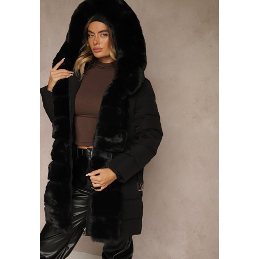Czarna Kurtka z Pikowanymi Przeszyciami Paskiem Kapturem i Futerkiem Oleila Renee L renee.pl