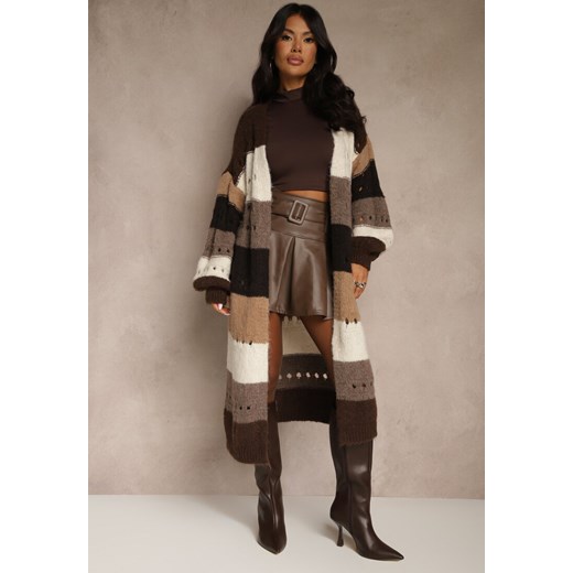 Brązowy Ażurowy Kardigan w Paski z Dodatkiem Wełny i Wiskozy o Długim Kroju Ilonine ze sklepu renee.pl w kategorii Swetry damskie - zdjęcie 186578806