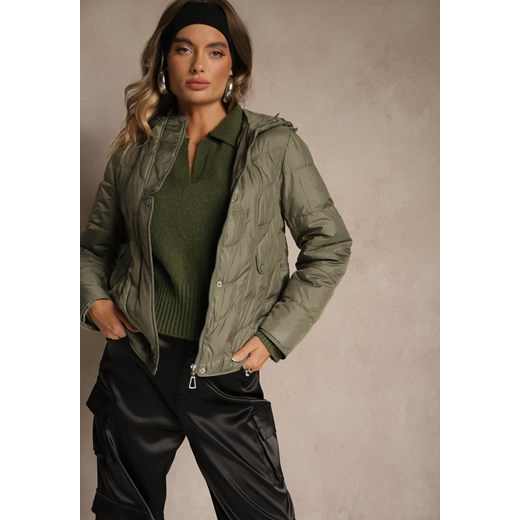 Jasnozielona Kurtka Przejściowa z Kapturem w Oryginalne Pikowane Przeszycia Renee M renee.pl