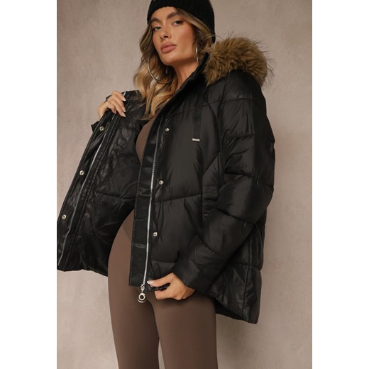 Czarna Trapezowa Kurtka z Pikowanymi Przeszyciami i Kapturem z Futerkiem Renee M renee.pl