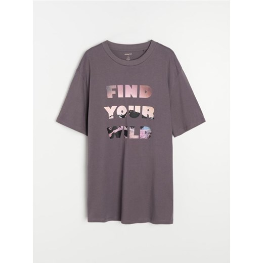 Sinsay - Bawełniana koszulka z napisem - fioletowy Sinsay 3XL Sinsay