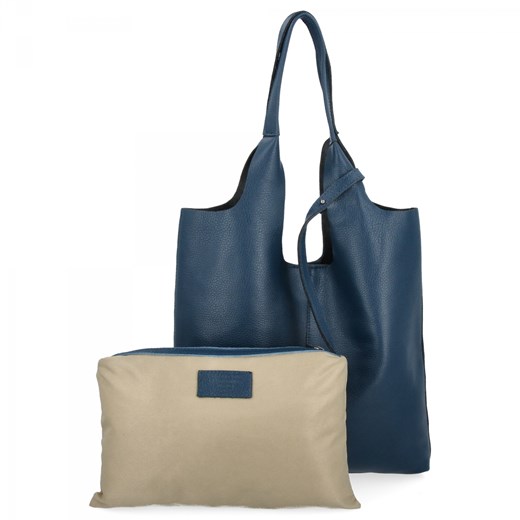 Włoska Torebka Skórzana Shopper Bag z Kosmetyczką 165 Granatowa Other One Size okazyjna cena PaniTorbalska