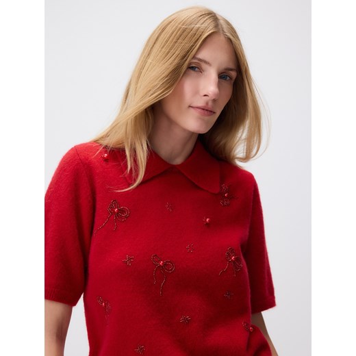 Reserved - Sweter z aplikacjami - czerwony - id: 160IM-33X - marki Reserved - 186596266 Reserved - Sweter z aplikacjami - czerwony ze sklepu Reserved w kategorii Swetry damskie - zdjęcie 186596266