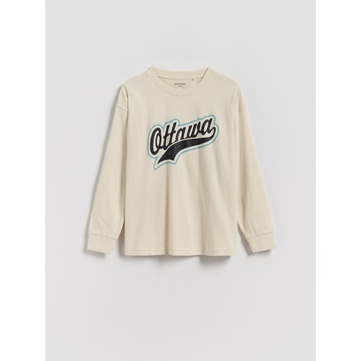 Reserved - Bawełniany longsleeve - kremowy ze sklepu Reserved w kategorii T-shirty męskie - zdjęcie 186596456