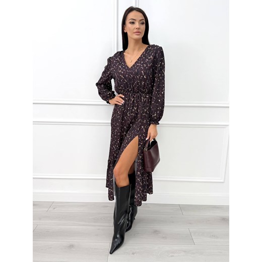 Ciemnobrązowa Sukienka Midi ze Wzorem i Rozcięciem Modnakiecka.pl 2XL/3XL ModnaKiecka.pl