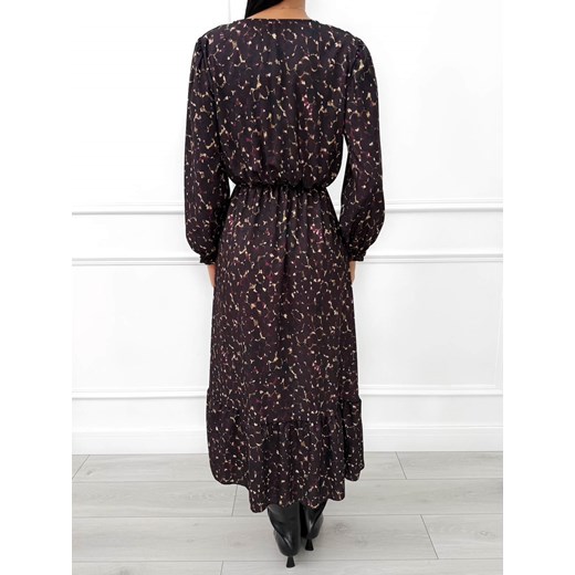 Ciemnobrązowa Sukienka Midi ze Wzorem i Rozcięciem Modnakiecka.pl 2XL/3XL ModnaKiecka.pl