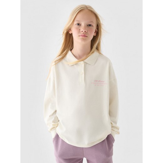Dziewczęcy longsleeve z kołnierzykiem 4F  4FJRAW24TLONF438 - biały ze sklepu Sportstylestory.com w kategorii Bluzki dziewczęce - zdjęcie 186604916