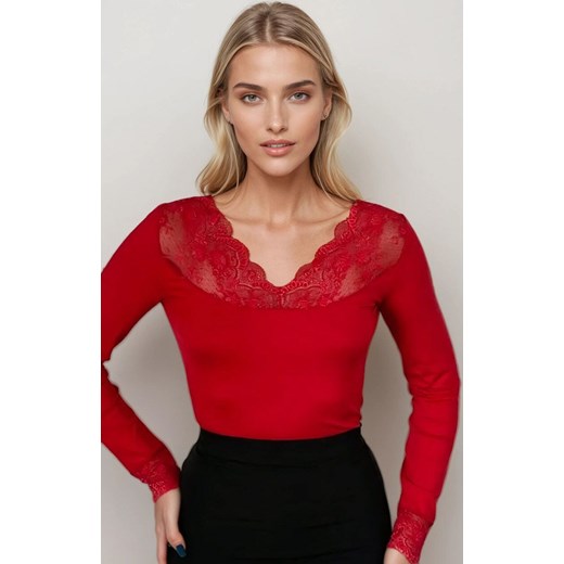 Eldar czerwona bluzka z koronkowym dekoltem Arana, Kolor czerwony, Rozmiar 2XL, Eldar ze sklepu Primodo w kategorii Bluzki damskie - zdjęcie 186612328