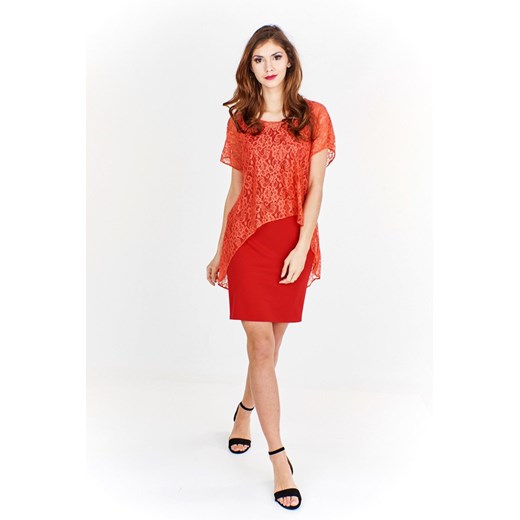 Sukienka FSU620  CZERWONY MOCNY + KORALOWY koronka ze sklepu fokus.pl w kategorii Sukienki - zdjęcie 186620016