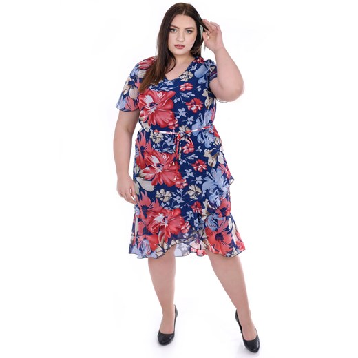 Sukienka FSU1076 GRANATOWY koralowo beżowe kwiaty ze sklepu fokus.pl w kategorii Sukienki - zdjęcie 186623146