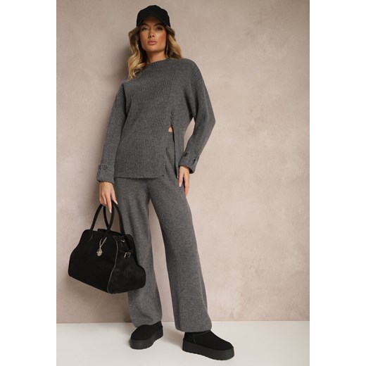 Ciemnoszary Komplet z Wełną i Bawełną Spodnie o Szerokim Kroju Sweter z Guzikami i Rozcięciem Sialwen ze sklepu renee.pl w kategorii Komplety i garnitury damskie - zdjęcie 186630277