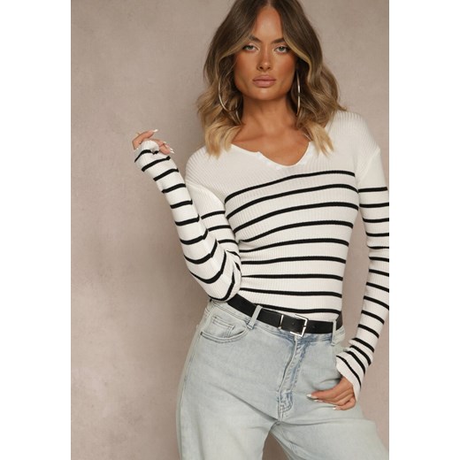 Biała Bluzka z Bawełną z Motywem Pasków i Guzikami Serisse ze sklepu renee.pl w kategorii Bluzki damskie - zdjęcie 186630308