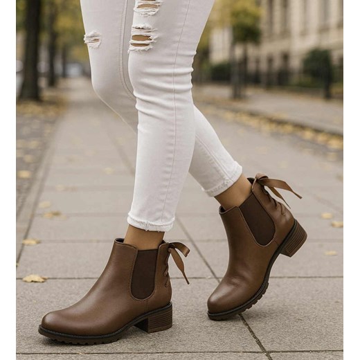 Wsuwane botki damskie khaki /D8-3 18309 T300/ ze sklepu Pantofelek24.pl w kategorii Botki - zdjęcie 186632897